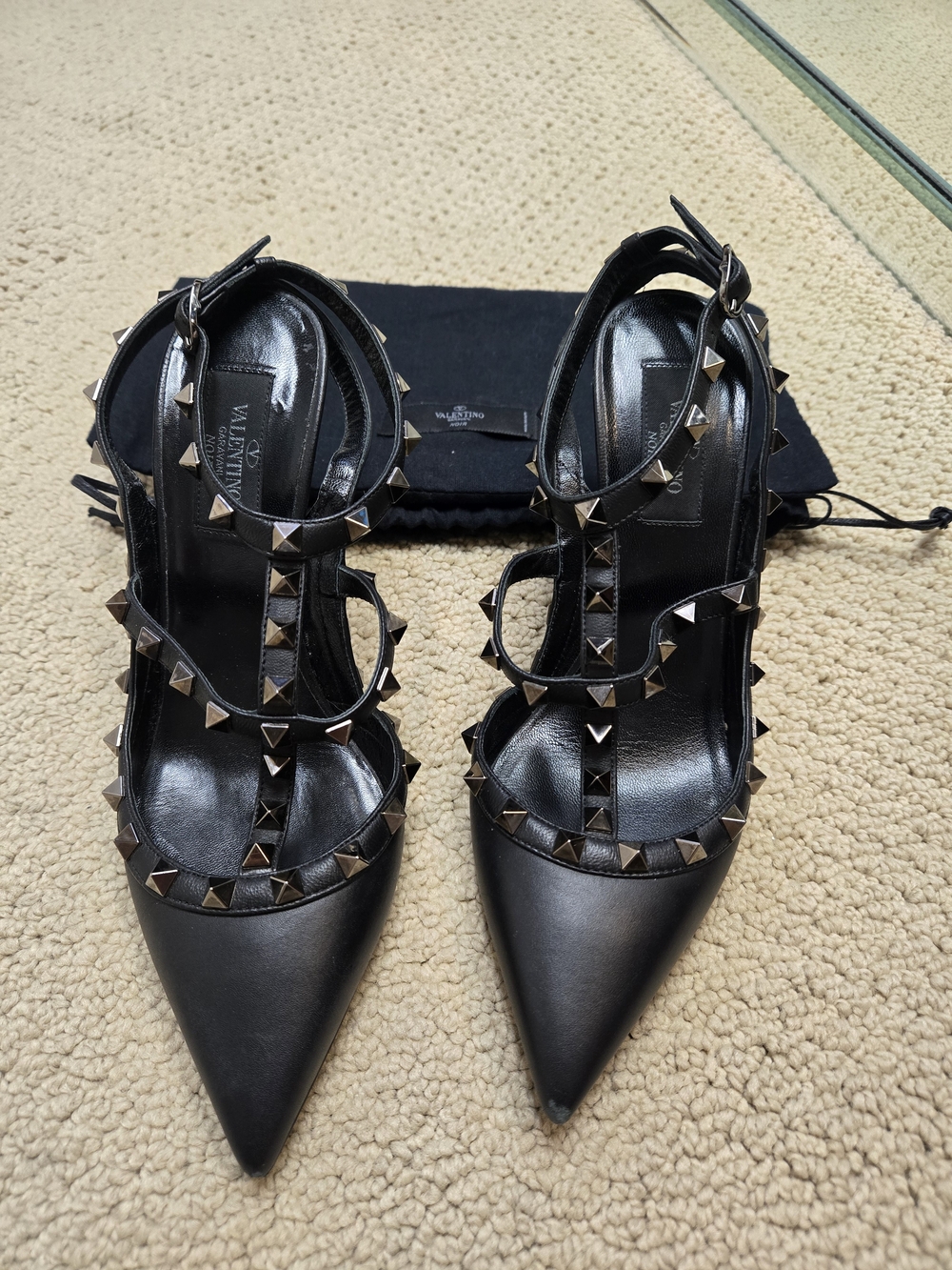 Valentino Rockstud Black Pointed Leather T-Strap Heels